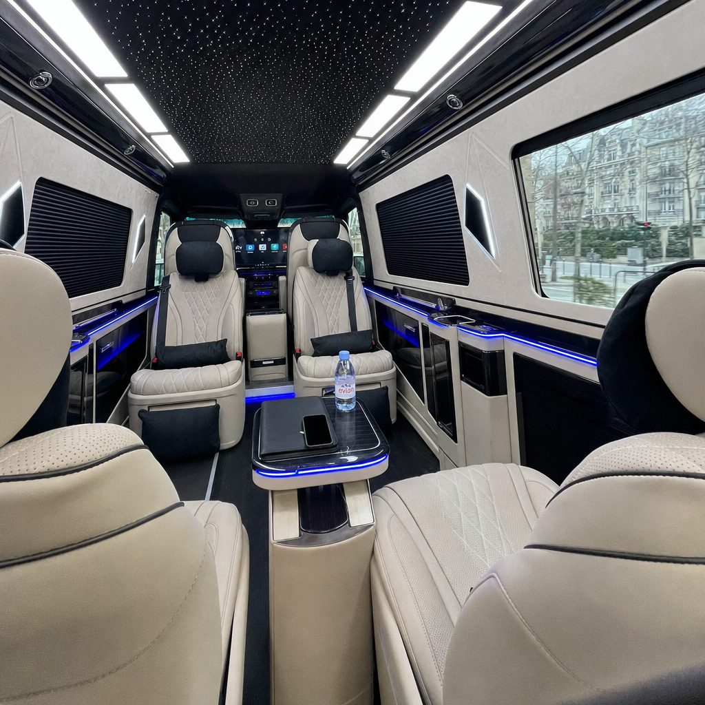 Intérieur van VIP Mercedes d'un chauffeur de luxe à Paris avec sièges capitaine en cuir