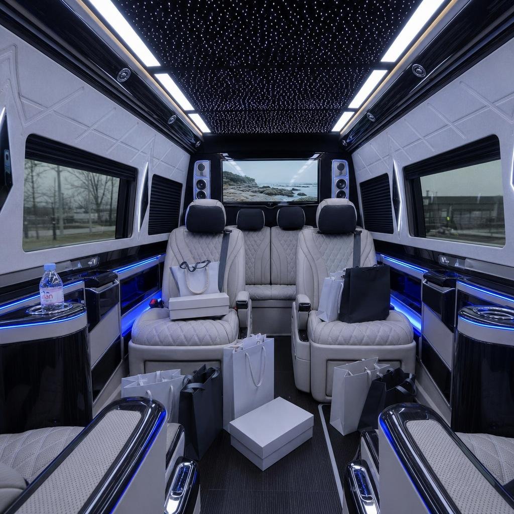 Chauffeur privé La Vallée Village : intérieur du van VIP avec sièges cuir et sacs de shopping de luxe
