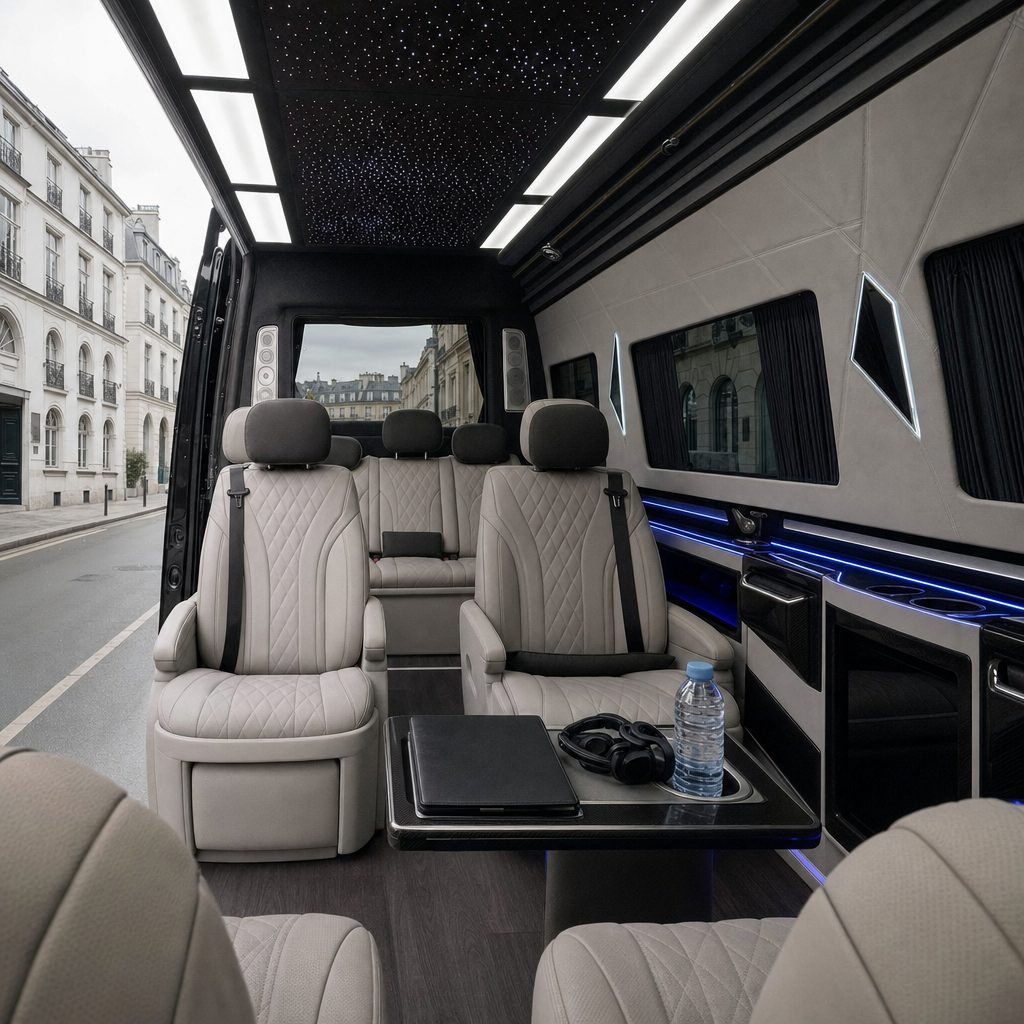 Intérieur d'un van VIP avec chauffeur à Paris — sièges capitonnés cuir crème, éclairage LED et rideaux d'intimité pour un transport VIP confidentiel