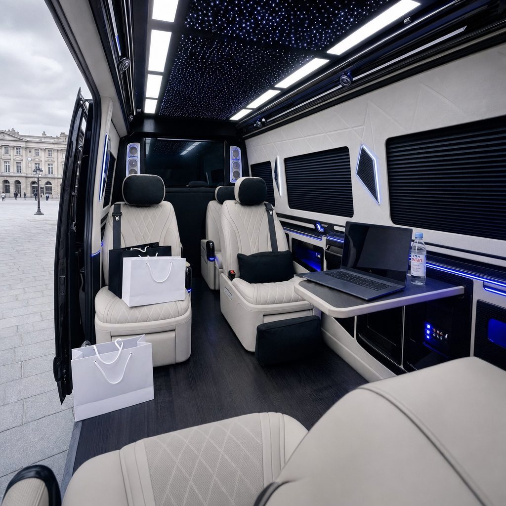 Mise à disposition chauffeur privé Paris : intérieur du van VIP avec sièges cuir, ordinateur et sacs pendant l'attente du chauffeur
