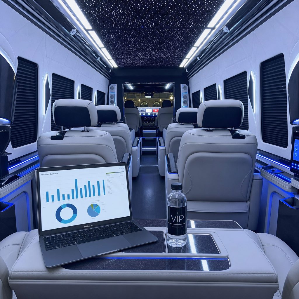 Intérieur van VIP chauffeur privé La Défense — sièges capitaine cuir, équipement business