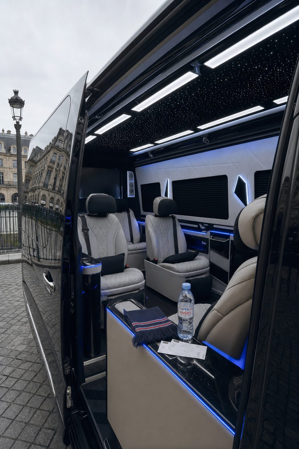 Intérieur van VIP chauffeur privé Parc des Princes match PSG — sièges cuir capitaine ambiance soirée
