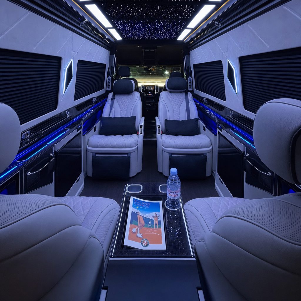 Intérieur van VIP luxe chauffeur privé Roland Garros Paris — sièges cuir capitaine