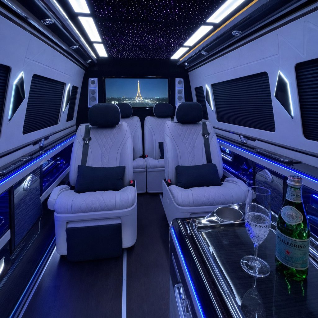 Intérieur van VIP luxe pour soirée Paris — sièges cuir, LED ambiance