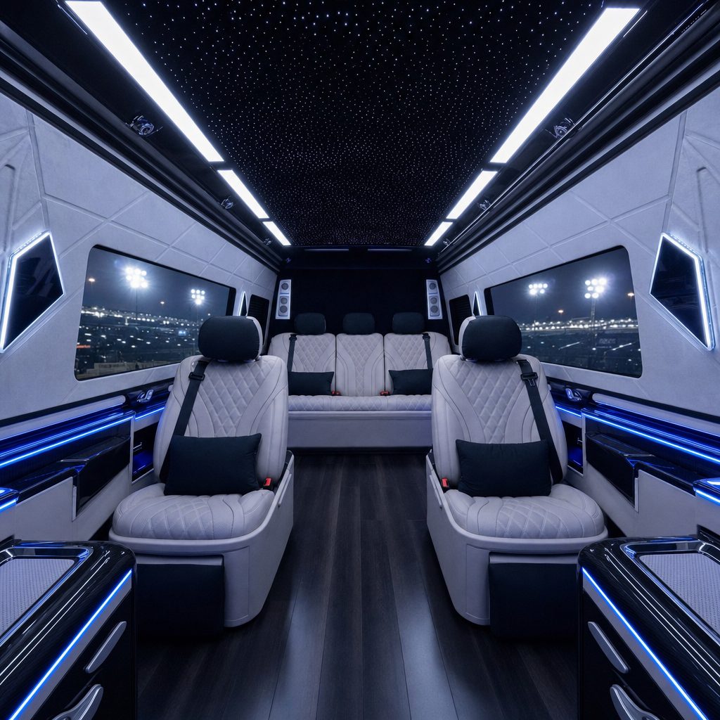 Intérieur van VIP chauffeur privé Stade de France concert — sièges cuir capitaine ambiance soirée