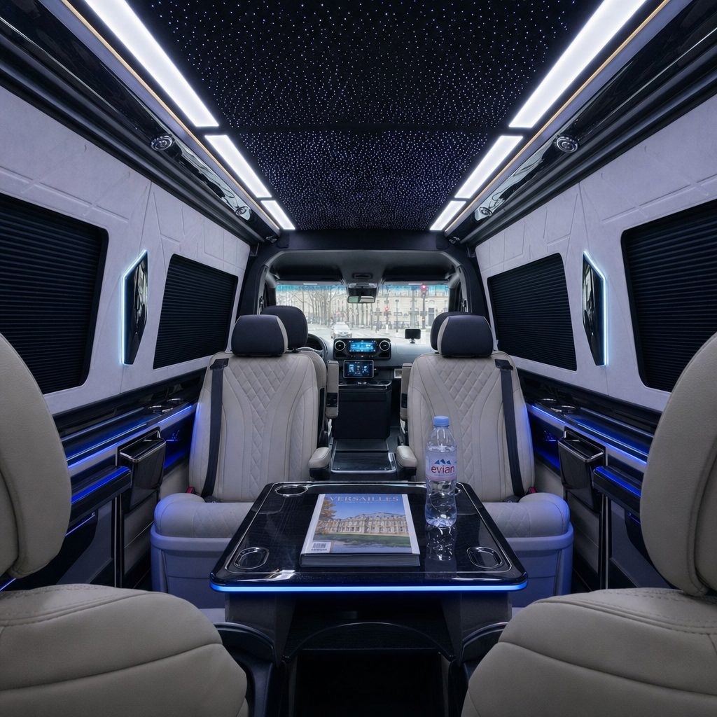 Intérieur van VIP luxe chauffeur privé Versailles — sièges cuir capitaine et LED blanc froid